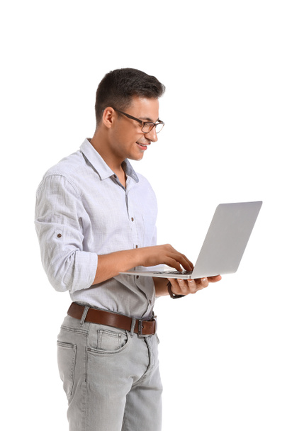 Male programmer with laptop on white background - Fotoğraf, Görsel