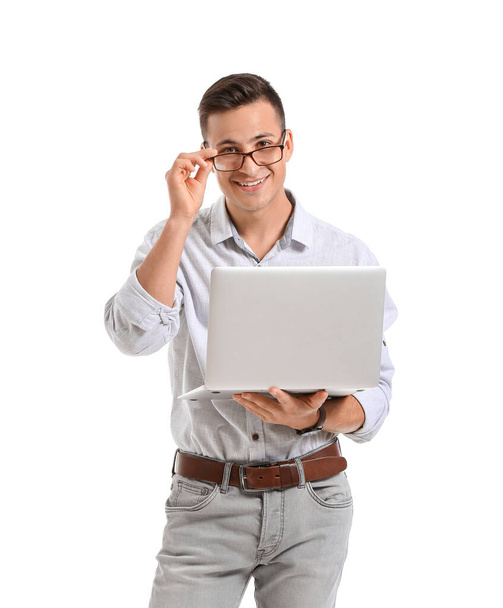 Male programmer with laptop on white background - Foto, Imagen