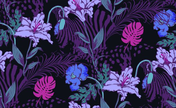 Seamless pattern of zebra and flowers. Suitable for fabric, mural, wrapping paper and the like. Vector illustration - Vektör, Görsel