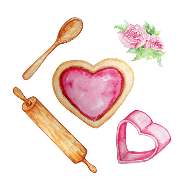 Aquarell Illustration Plätzchen Herz mit rosa Sahne, Backform Herz und Objekte für Nudelholz und Spoo - Vektor, Bild