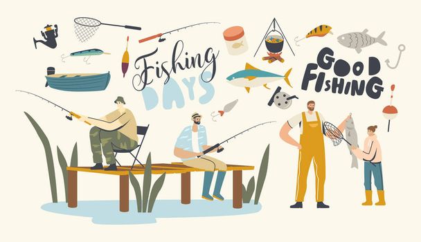 Fishing Hobby, Fishermen Sit on Pier with Rod Having Good Catch. Father with Daughter on Lake or River Catching Fish - Vector, Image