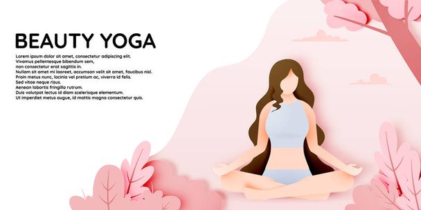 Yoga woman at home in paper art style and pastel color scheme vector illustration - Vector, Image