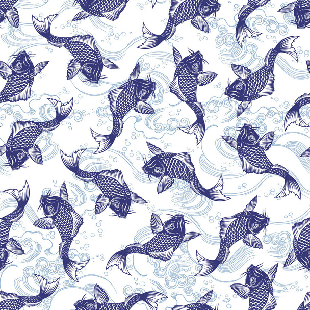 Seamless pattern of the Japanese-style carp and wave,I described a carp and a wave in the technique of the Japanese painting - Vector, afbeelding