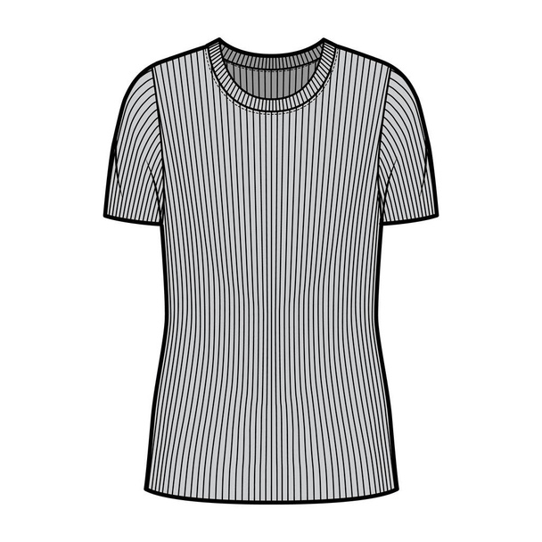Jersey de punto de cuello redondo acanalado ilustración técnica de moda con mangas costillas cortas, cuerpo de gran tamaño, longitud de la túnica.  - Vector, Imagen