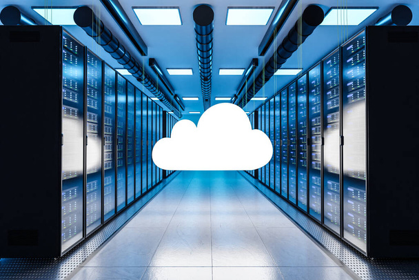 cloud computing logo in large modern data center multiple rows of server racks, 3D Illustration - Foto, Bild