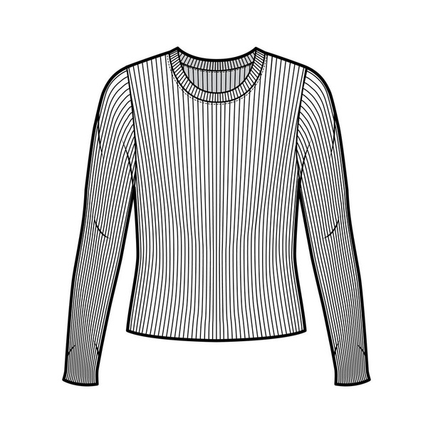 Pull à col rond côtelé illustration technique de mode avec manches longues, corps surdimensionné  - Vecteur, image