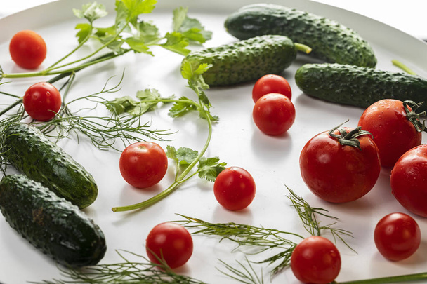 Fresh cucumbers and tomatoes with herbs with water drops on a round white background. - Фото, зображення