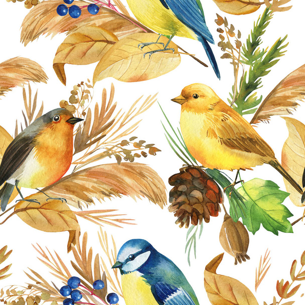 Seamless pattern with birds titmice, canaries robin. Autumn leaves watercolor, isolated background, digital paper - Fotó, kép