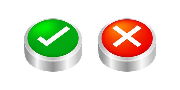 кнопка push 3d checkmark і x або підтверджує і заперечує для програм і веб-сайтів, значок 3d checkmark choice, кнопка checkbox для push select game, поле відповіді для checklist, знак схвалення або кнопки check push
 - Вектор, зображення