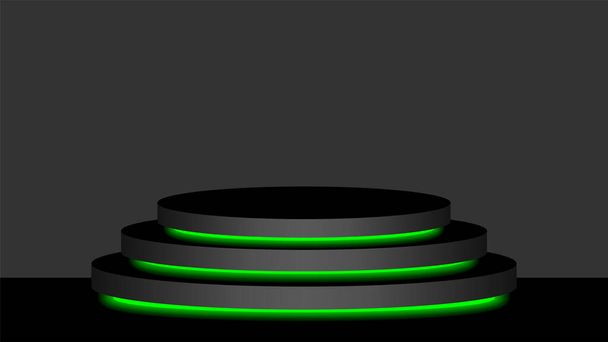 cerchio piedistallo 3d luce nera e verde lampada al neon incandescente, cosmetici display luce moderna e led, palcoscenico podio spettacolo per arredamento posizione luce fluorescente verde, scatola piedistallo per luogo del prodotto - Vettoriali, immagini