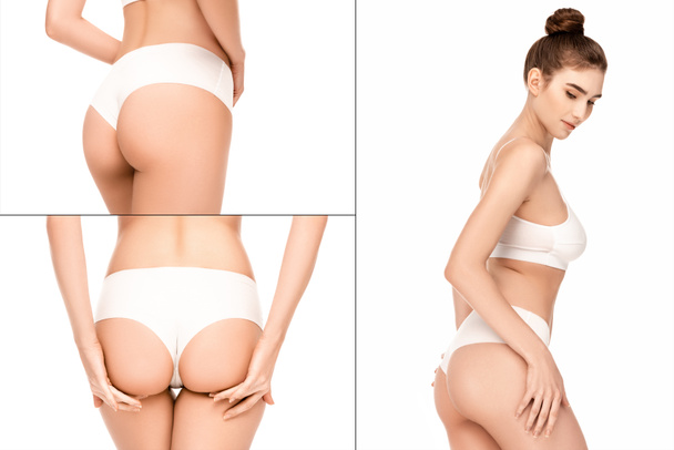 collage of woman with perfect body in panties and top standing isolated on white - Фото, изображение