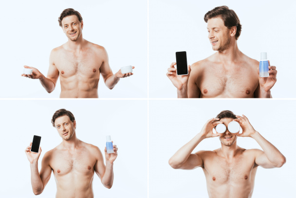 Kolaż człowieka bez koszulki ze słoikami kremów kosmetycznych, butelką balsamu i smartfonem odizolowanym na biało - Zdjęcie, obraz