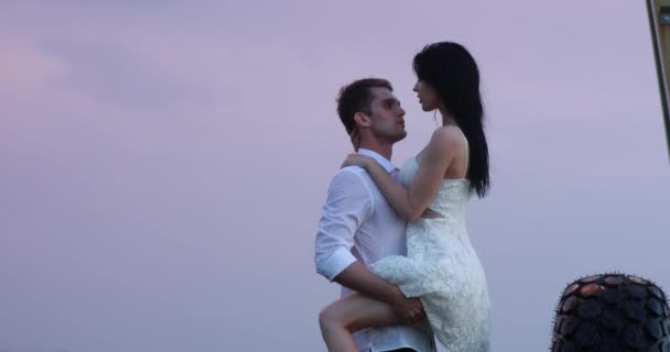 愛のカップルは、農業の噴霧器の車輪の近くの農場への愛を作る. - 映像、動画