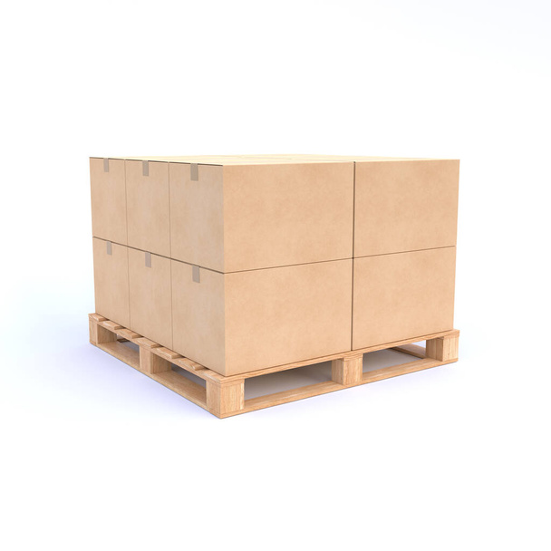 Cajas de cartón en paleta de madera. Ilustración 3D - Foto, imagen