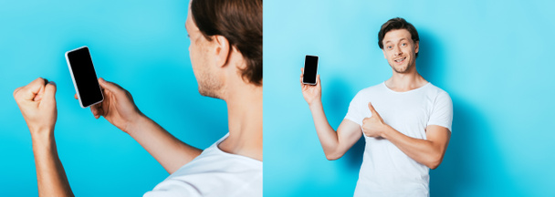 Collage of young man showing yeah gesture and thumb up while holding smartphone on blue background - Foto, afbeelding