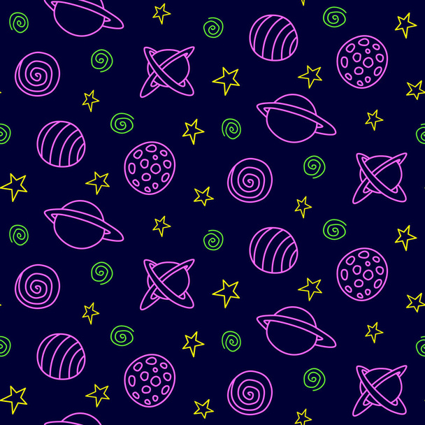 Patrón inconsútil del espacio. Dibujos animados rosa verde amarillo contorno planetas y estrellas aisladas sobre fondo negro. Textura cósmica vectorial. Para el diseño de los niños, tela, papel de embalaje, papel pintado, textil, ropa. - Vector, imagen