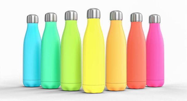 set of thermal colored steel bottles on a white background. nobody around. - Foto, Bild