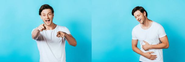 Collage of laughing and excited man in white t-shirt on blue background - Fotografie, Obrázek