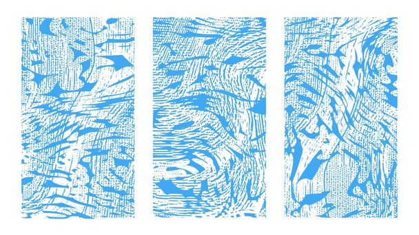 Umělecké abstraktní tekutiny pozadí nastavit. Dynamický jasně modrý vlnitý povrch, iluze, zakřivení. Tekutá barva na plátně - Vektor, obrázek
