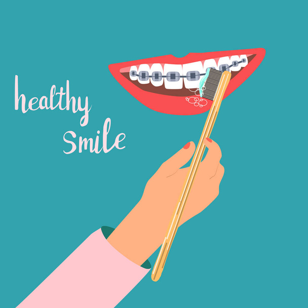 Diş telleriyle gülümse. Günlük ortodontik sağlık konsepti. İnsan eliyle diş fırçasıyla diş temizliği. Ağız bakımı. Isırık düzeltmesi ve güzel bir gülümseme. Tıbbi klinik için vektör kavramı - Vektör, Görsel