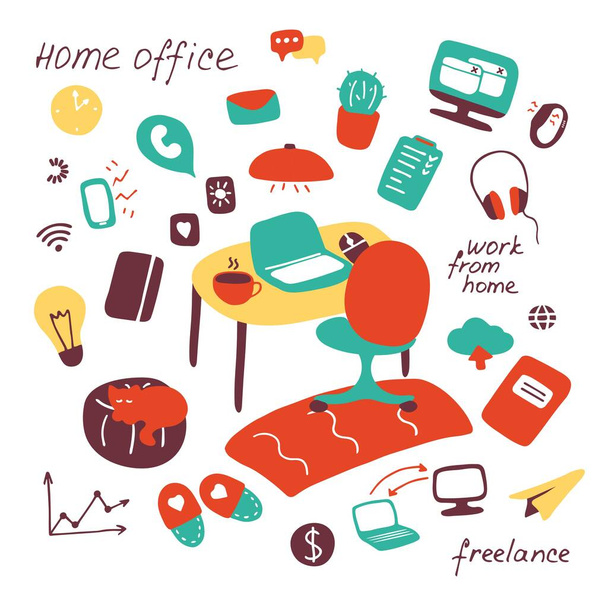 Work and study at home. Freelance, home office, home from home concept. Workplace for remote work. Hand drawn set of flat elements. Vector illustration. - Vektor, kép