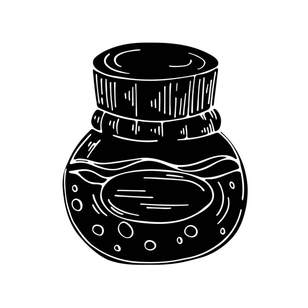 Векторный элемент на белом фоне. Иллюстрация бутылки с зельем. Черно-белый эскиз для печати, текстиля, веб-сайтов, печати. Иконы. - Вектор,изображение