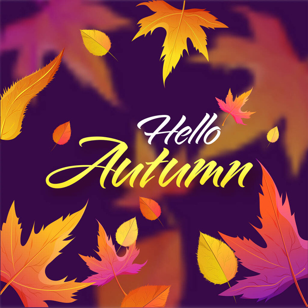Hello Autumn Font With Gradient Leaves Decorated Purple Background. - Вектор, зображення