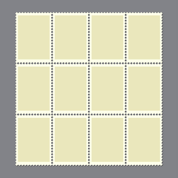 Postage marks set. Sheet of 12 blank postal stamps for postcard or envelopes. Vintage empty stamp with perforated edge for letter. Retro border or frame illustration. New connected mail sticker. - Vector, Image