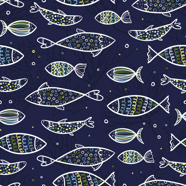 Fun hand drawn under water seamless pattern with cute fish, childish background, great for textiles, banners, wallpapers, wrapping - vector design - Vektor, Bild
