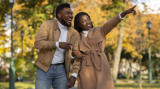 Kochająca afrykańska para randkowa w parku, korzystająca z jesiennego dnia na świeżym powietrzu - Zdjęcie, obraz