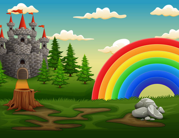 Illustrazione di un castello in cima alla collina con un arcobaleno - Vettoriali, immagini