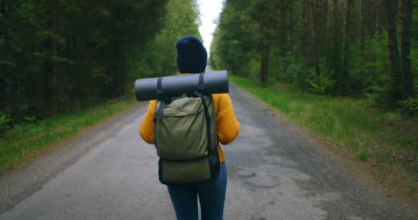 Задний вид женщины с рюкзаком в желтом свитере и шляпой, идущей по дороге в лесу в замедленной съемке. - Кадры, видео