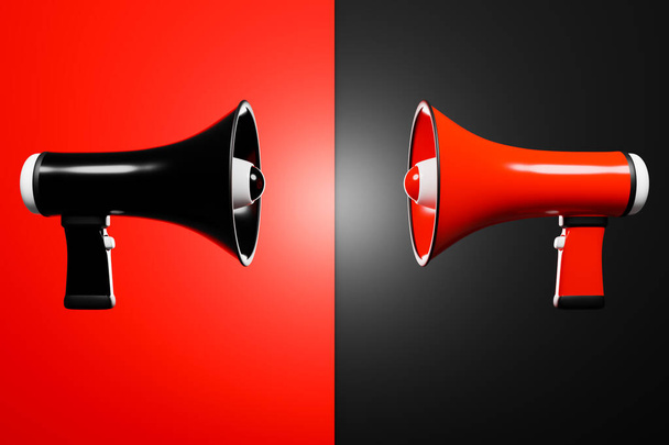 Чорно-червоні мультяшні гучномовці на монохромному фоні стоять один навпроти одного. 3d ілюстрація мегафона. Рекламний символ, концепція просування
. - Фото, зображення