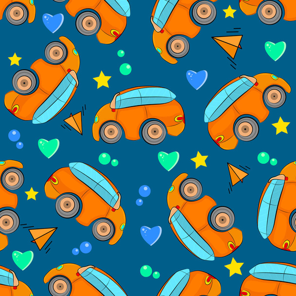 Desenhos animados carros sem costura padrão no fundo azul. Padrão de bebê colorido com carro, estrela, coração, avião e bolhas. Moda crianças imprimir. Veículos tecidos de moda, gráficos têxteis, design. Ilustração do vetor
 - Vetor, Imagem