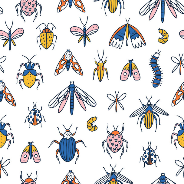 Insectes de dessin animé colorés, insectes et coléoptères sur fond blanc, motif sans couture vectoriel - Vecteur, image