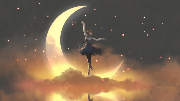 una bailarina bailando con luciérnagas contra la luna creciente, estilo de arte digital, pintura de ilustración - Foto, imagen