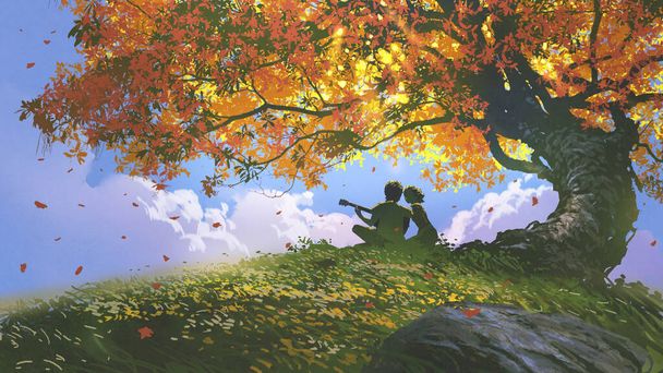 ystäville istuu ja soittaa kitaraa puun alla syksyllä, digitaalisen taiteen tyyli, kuvitus maalaus - Valokuva, kuva
