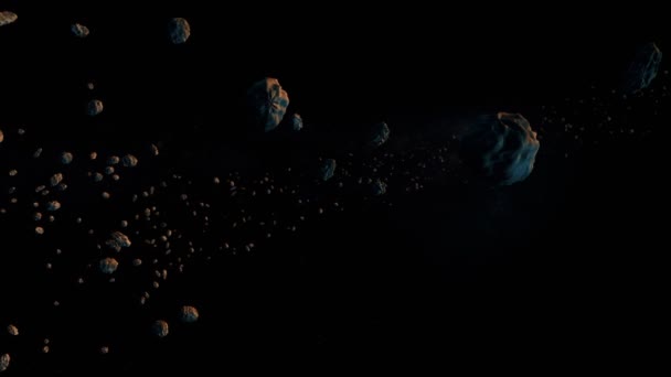 μυστηριώδης μπλε-πορτοκαλί πλανήτης στο δαχτυλίδι ενός τεράστιου σμήνους αστεροειδών. σκοτεινό βαθύ διάστημα.3d γραφικό - Πλάνα, βίντεο