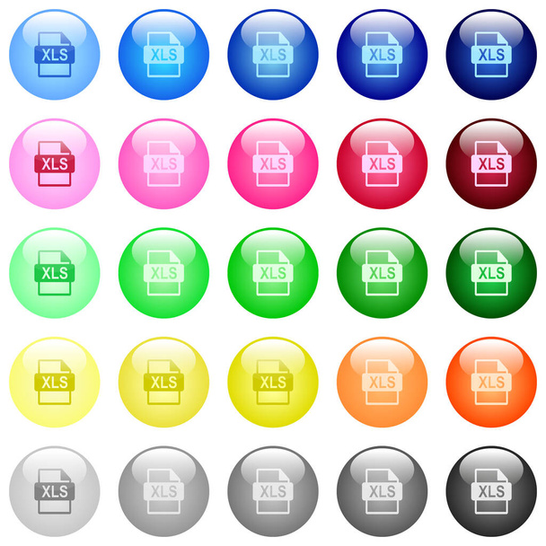 Symbole im XLS-Dateiformat im Set mit 25 farbig glänzenden sphärischen Knöpfen - Vektor, Bild