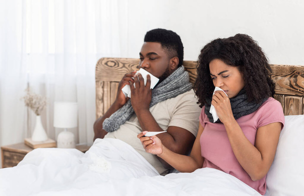 Sick black couple sitting in bed, measuring fever, sneezing noses - 写真・画像