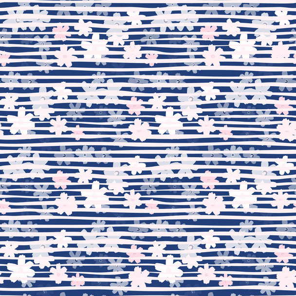 Απρόσκοπτη μοτίβο με απλά στοιχεία χαμομηλιού. Λευκά, ροζ και μπλε λουλούδια σε φόντο με navy tone strips. Σχεδιασμένο για ταπετσαρία, ύφασμα, χαρτί περιτυλίγματος, εκτύπωση υφασμάτων. Εικονογράφηση διανύσματος. - Διάνυσμα, εικόνα