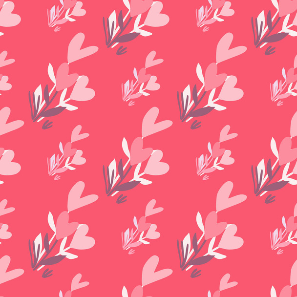 Simple floral seamless pattern with abstract flower hearts. Pink background andpastel tones elements. Stylized artwork. Great for wrapping , textile, fabric print and wallpaper. Vector illustration. - Vektör, Görsel
