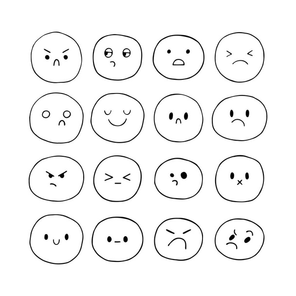 Mano feliz dibujado caras sonrientes divertidas. Conjunto de expresiones faciales esbozadas. Colección de personajes emocionales de dibujos animados. Al estilo Kawaii. Iconos emoji. Ilustración vectorial - Vector, Imagen