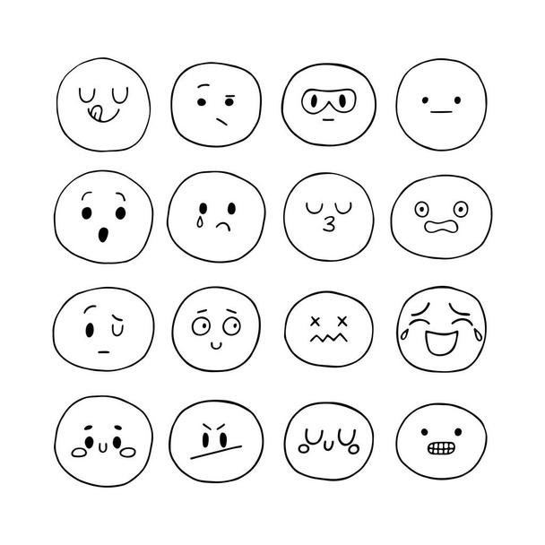 Mano feliz dibujado caras sonrientes divertidas. Conjunto de expresiones faciales esbozadas. Al estilo Kawaii. Colección de personajes emocionales de dibujos animados. Iconos emoji. Ilustración vectorial - Vector, imagen
