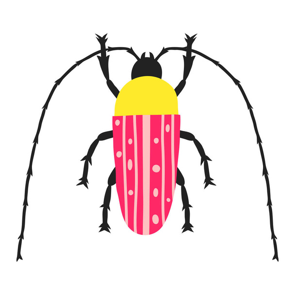 Escarabajo Longhorn aislado sobre fondo blanco. Insecto dibujado a mano. Un bicho multicolor. Divertido dibujo de garabatos. Lindo diseño para camisa, póster, decoración de la pared. Stock vector ilustración - Vector, imagen