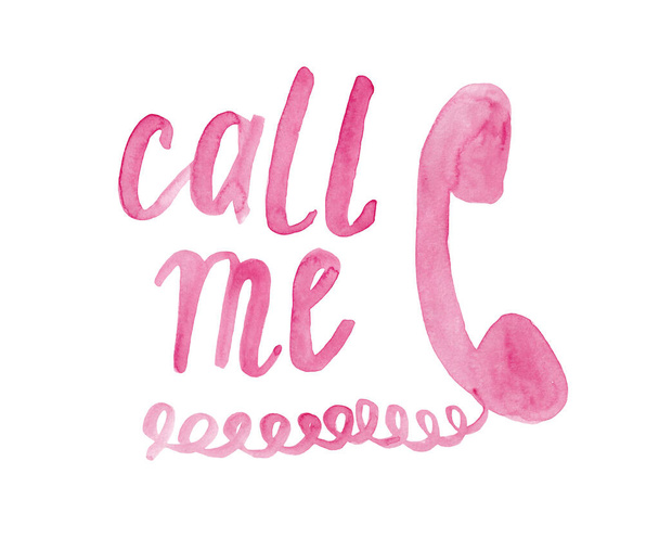 Call me with phone - pink watercolor lettering and painting isolated on white background - Photo, image
