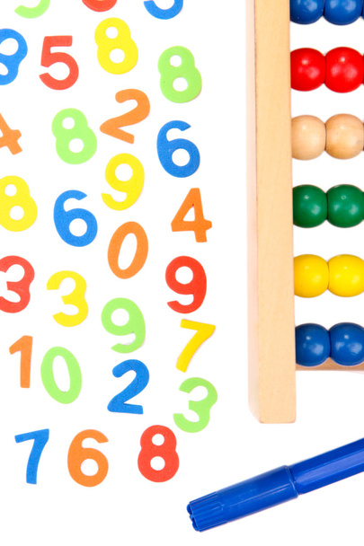 Colorful numbers, markers and abacus, isolated on white - Foto, imagen