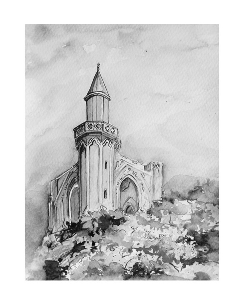 Aquarelle del arte del boceto de la catedral, ilustración de fondo - Foto, imagen