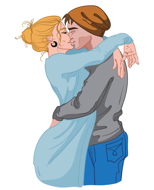 Young blonde woman dressed in blue dress kissing with a man in gray sweater, blue jeans and brown hat - Вектор, зображення