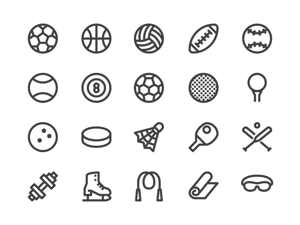 Αθλητικός εξοπλισμός Γραμμή Icon. Εικονογράφηση διάνυσμα Επίπεδο στυλ. Περιλαμβάνονται Εικόνες όπως μπάλες αθλητισμού, μπάσκετ, χάντμπολ, ποδόσφαιρο, Badminton, Dumbbell και πολλά άλλα. Επεξεργάσιμο εγκεφαλικό επεισόδιο. 30x30 Pixel τέλεια - Διάνυσμα, εικόνα
